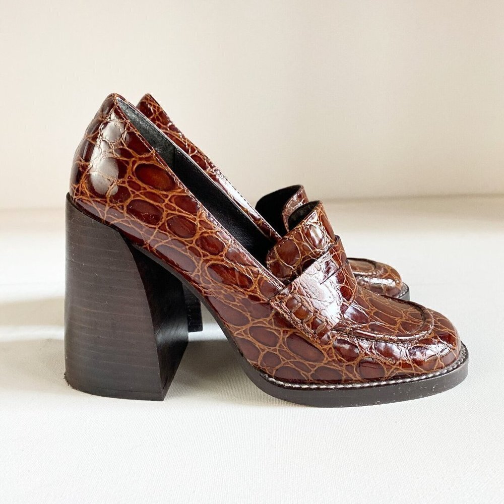 L'Intervalle Brown Croc Print Leather Chunky Heel Loafers 36